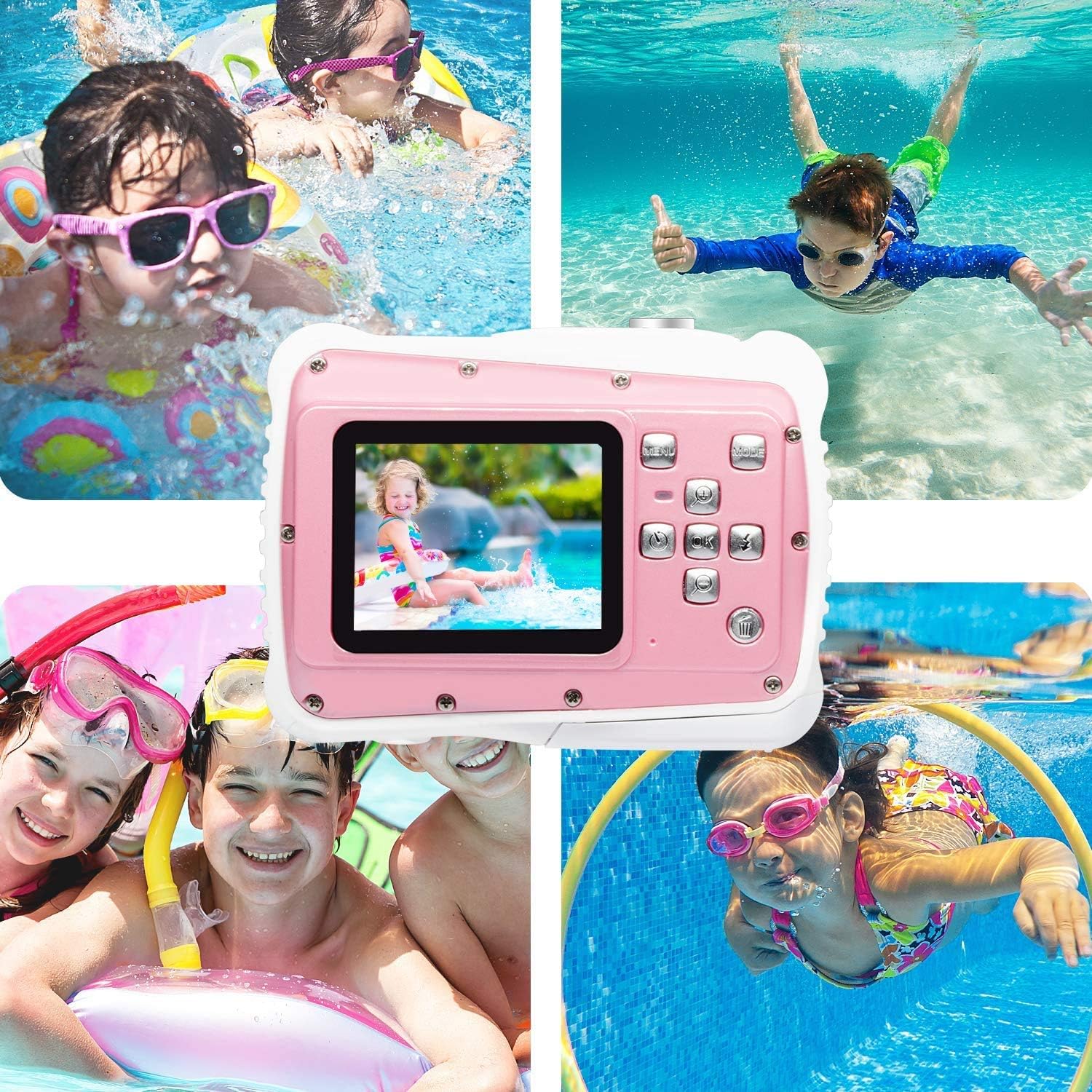 Cocac Underwater Camera 21MP HD Waterproof Digital Camera for Kids with 2.0" LCD 8X Digital Zoom Flash and Mic for Girls/Boys 2-5-10-15 Pink with 2 Batteries Max Support 32GB Card(not Included) : Camera & Photo