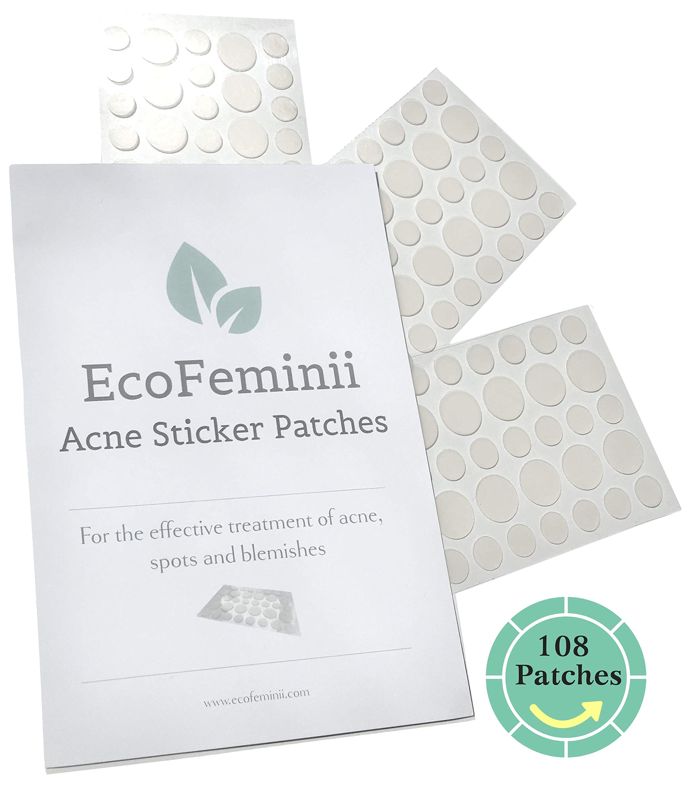 EcoFeminii Pack of 108 Targeted Acne Treatment Sticker Patches - Absorbing Hydrocolloid Covers for Spot Repair - Transparent Dots for Blemishes - Natural and Effective on Oily or Combination Skin - Overnight Acne, Spot and Blackhead Treatme