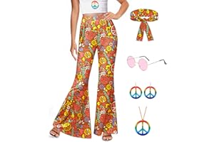 For G and PL Women's Halloween 5 Pcs Hippie Costume Pants Floral Bell Bottom Outfits