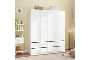 Mhsatyrs Armoire Wardrobe Closet with Drawers：75" Large White Wardrobe Closet Cabinet with 4 Doors for Hanging Clothes, Modern Wooden Bedroom Armoires with 4 Drawers and Storage (A+A, 63")