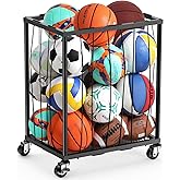 TomCare Garage Ball Rolling Storage Rack Large Capacity Basketball Holder with Elastic Rope [Hold 12-15 Balls][Easy to Take] Garage Sports Equipment Organizer cart with Wheels for Home, Outdoor Use