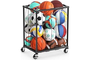 TomCare Garage Ball Rolling Storage Rack Large Capacity Basketball Holder with Elastic Rope [Hold 12-15 Balls][Easy to Take] Garage Sports Equipment Organizer cart with Wheels for Home, Outdoor Use