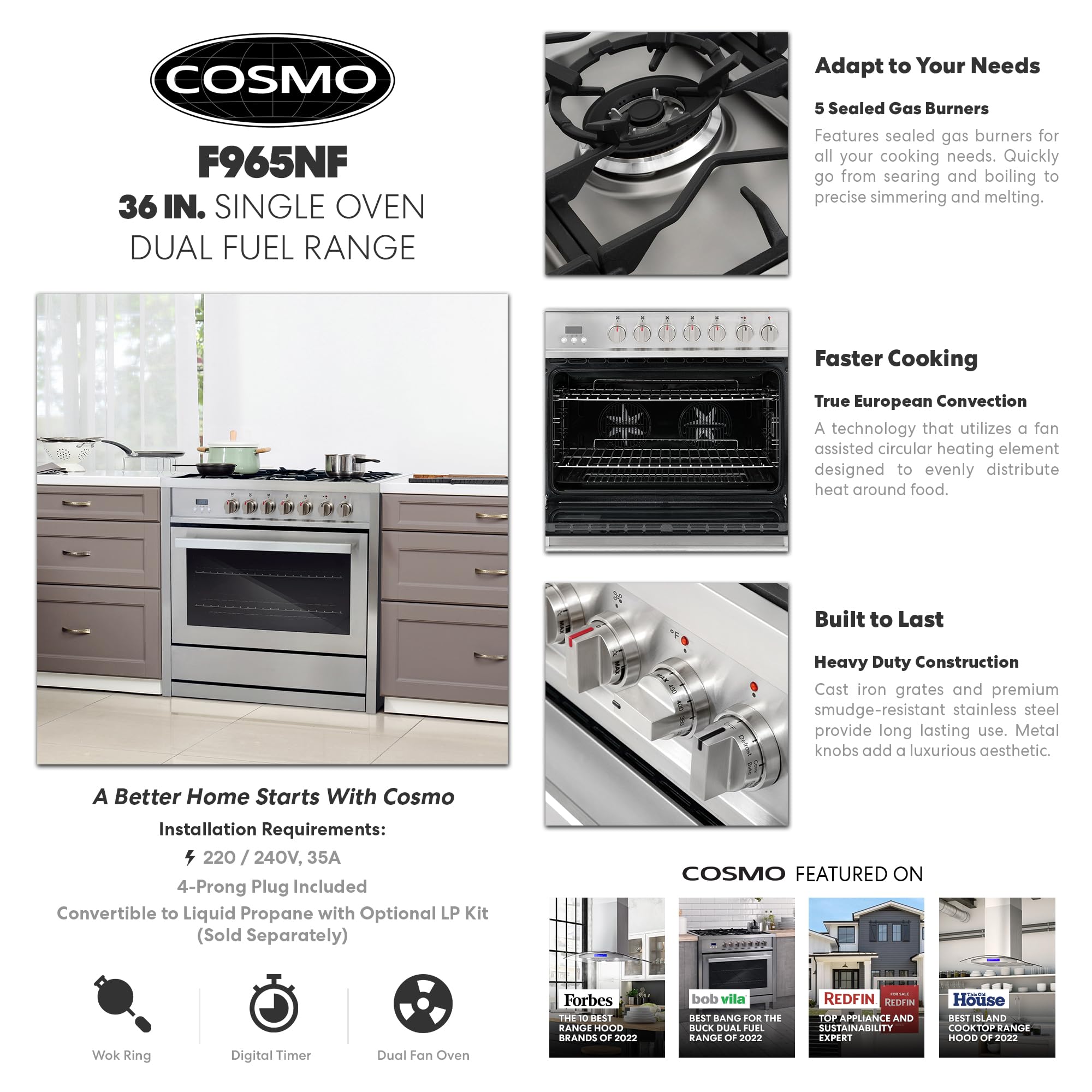 COSMO F965NF 36 in. Stellar Collection 3.8 cu. ft. Dual Fuel Range, 5 Sealed Burners, 8 Function Convection Oven in Stainless Steel