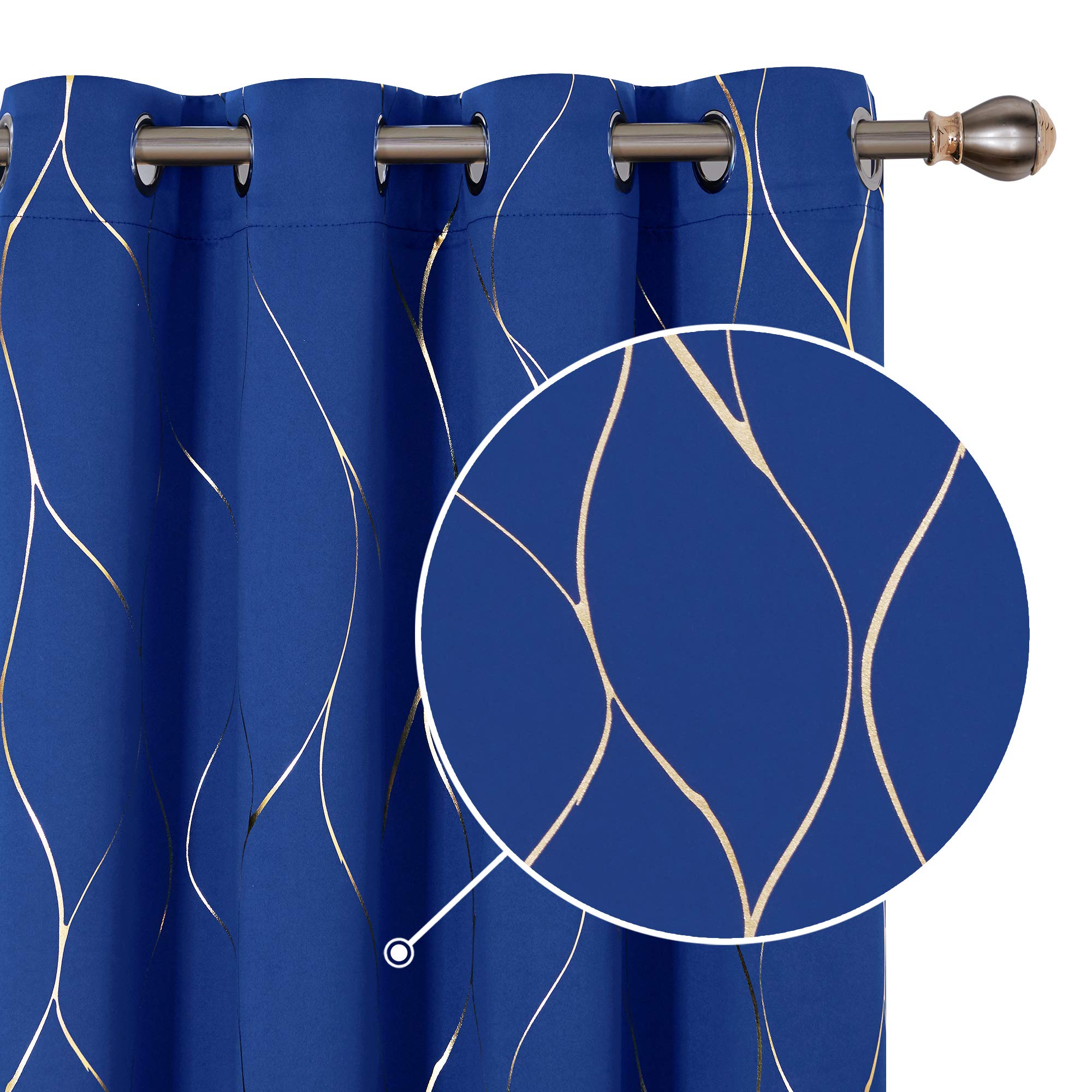 Deconovo Home Decoration Blackout Curtains Thermal Insulated Curtains Gold Wave Foil Printed Eyelet Curtains for Kids Bedroom Royal Blue W55 x L70 One Pair