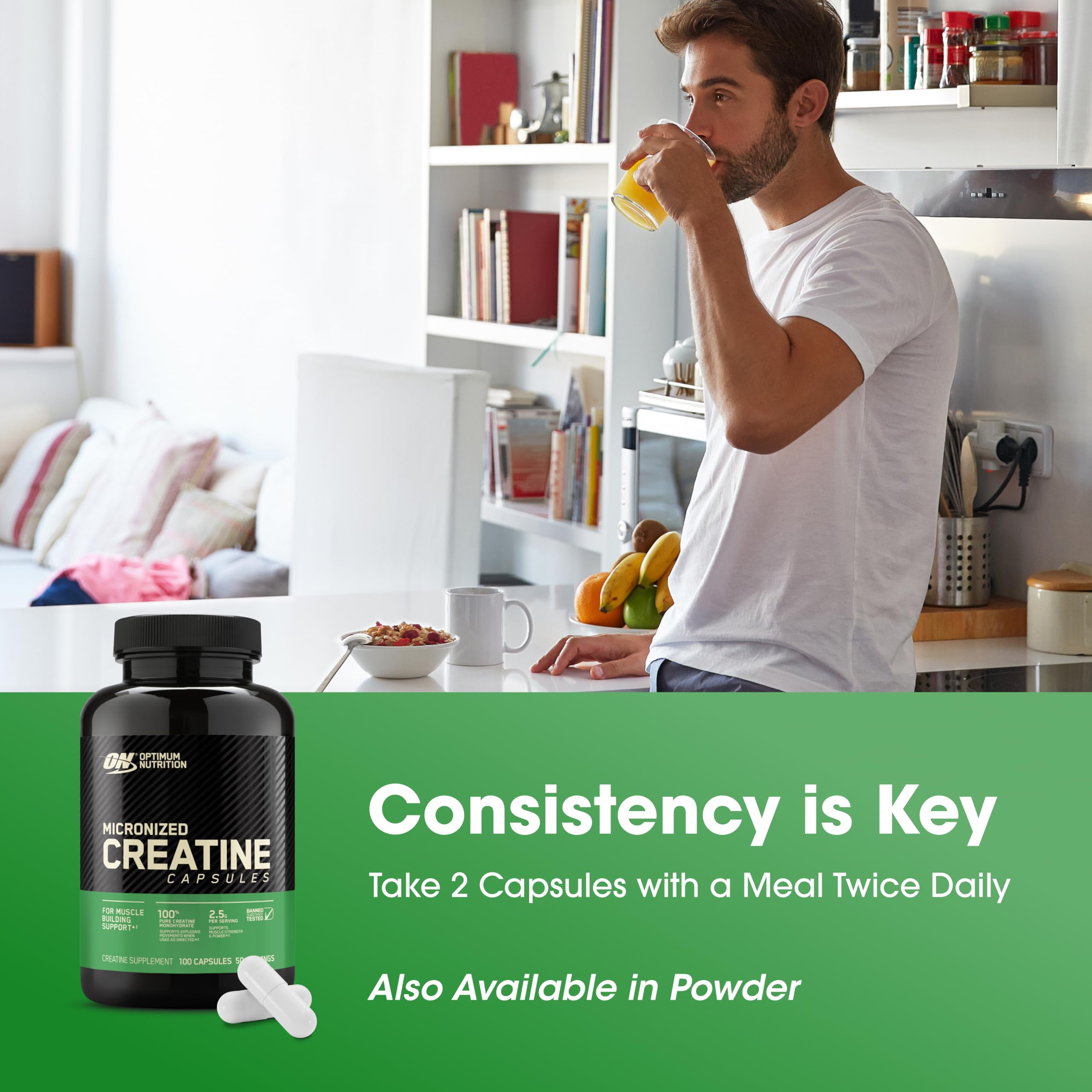 Optimum Nutrition Micronized Creatine Monohydrate Capsules, Keto Friendly, 2500mg, 100 Capsules
