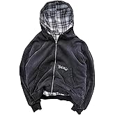 RICHTRUE Y2k Plaid Zip Up Hoodie Reversible Oversized Graphic Sweatshirt Grunge Streetwear Jacket Rapper Hip Hop Outfits