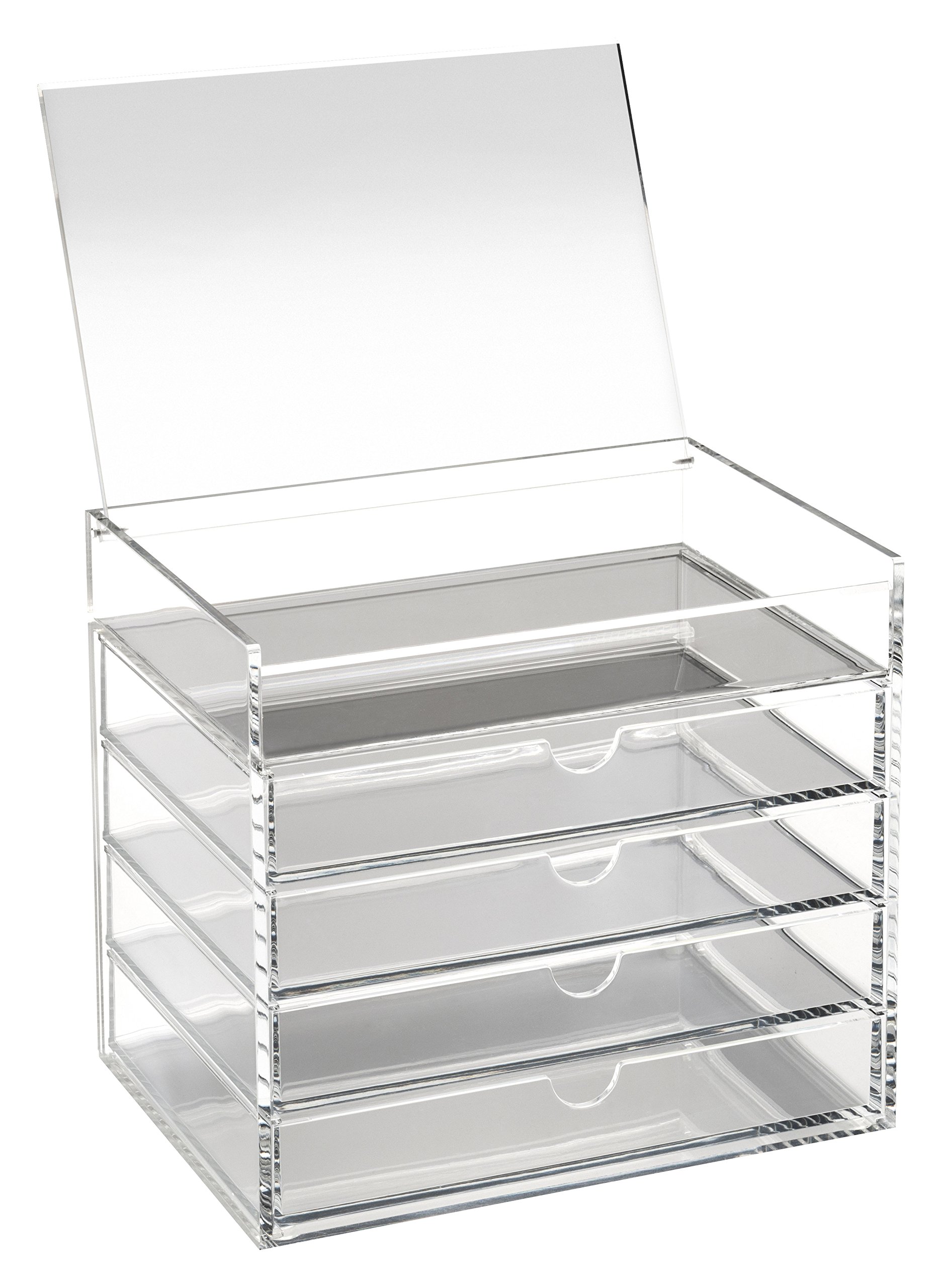 OSCO Clear Acrylic 5 Drawer Chest with Flip-Up Lid, Compact Desktop Storage Box for Makeup, Jewellery & Office Supplies, Durable High-Grade Acrylic, Non-Slip Resin Feet, Home & Office Organisation