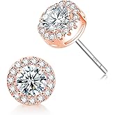 18K Gold Plated Halo Stud Earrings CZ Simulated Diamond Round Earing for Women, Rose Earrings for Man, Sparkle Allure Earrings with Size 0.39inch / 0.27inch, in Rose Gold,White Gold and Yellow Gold