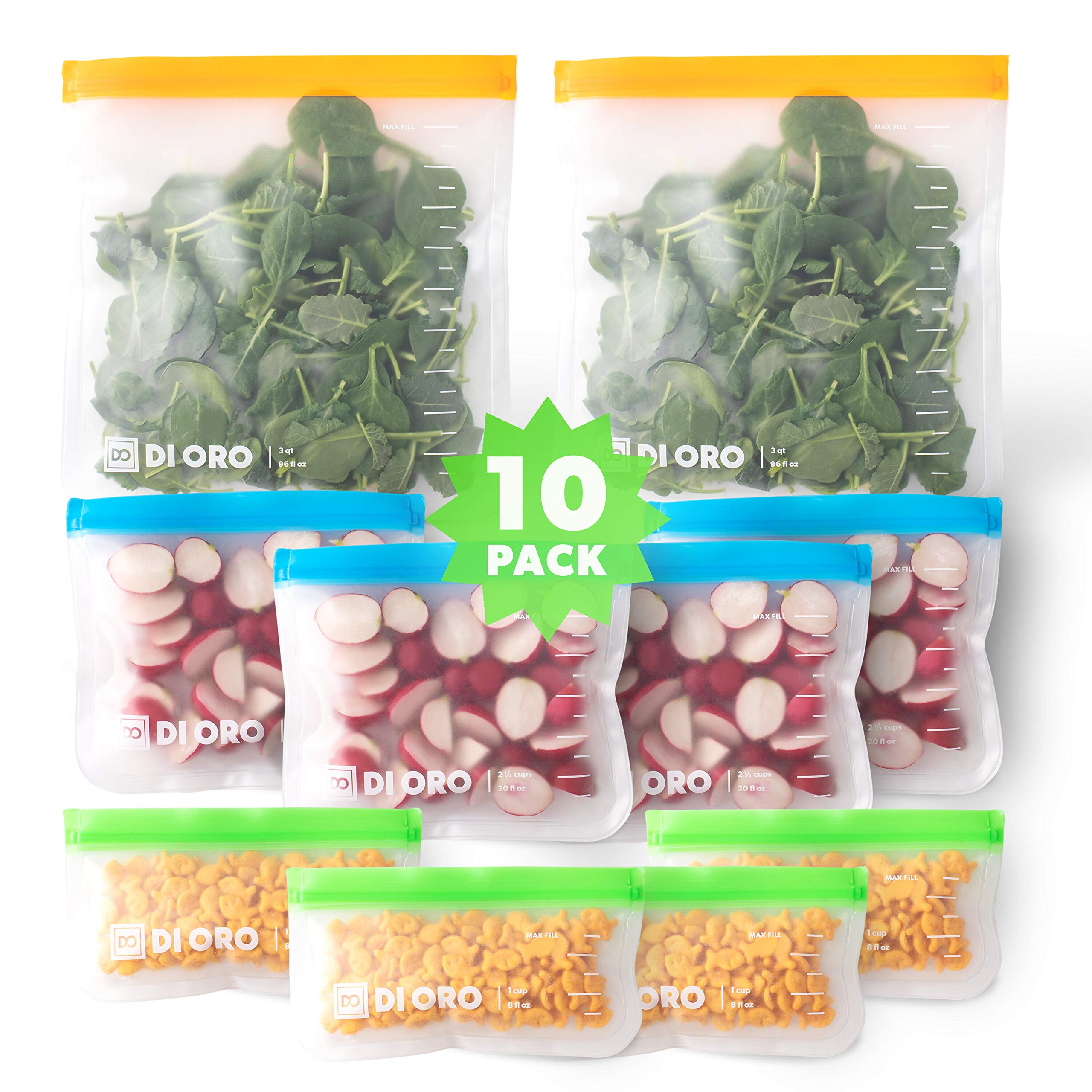 DI ORO® - Reusable Snack Bags - 100% Food Safe BPA Free Freezer Safe - 2 Large, 4 Sandwich, 4 Small - Thick, Leakproof, Washable - Easy Ziplock Sealing System