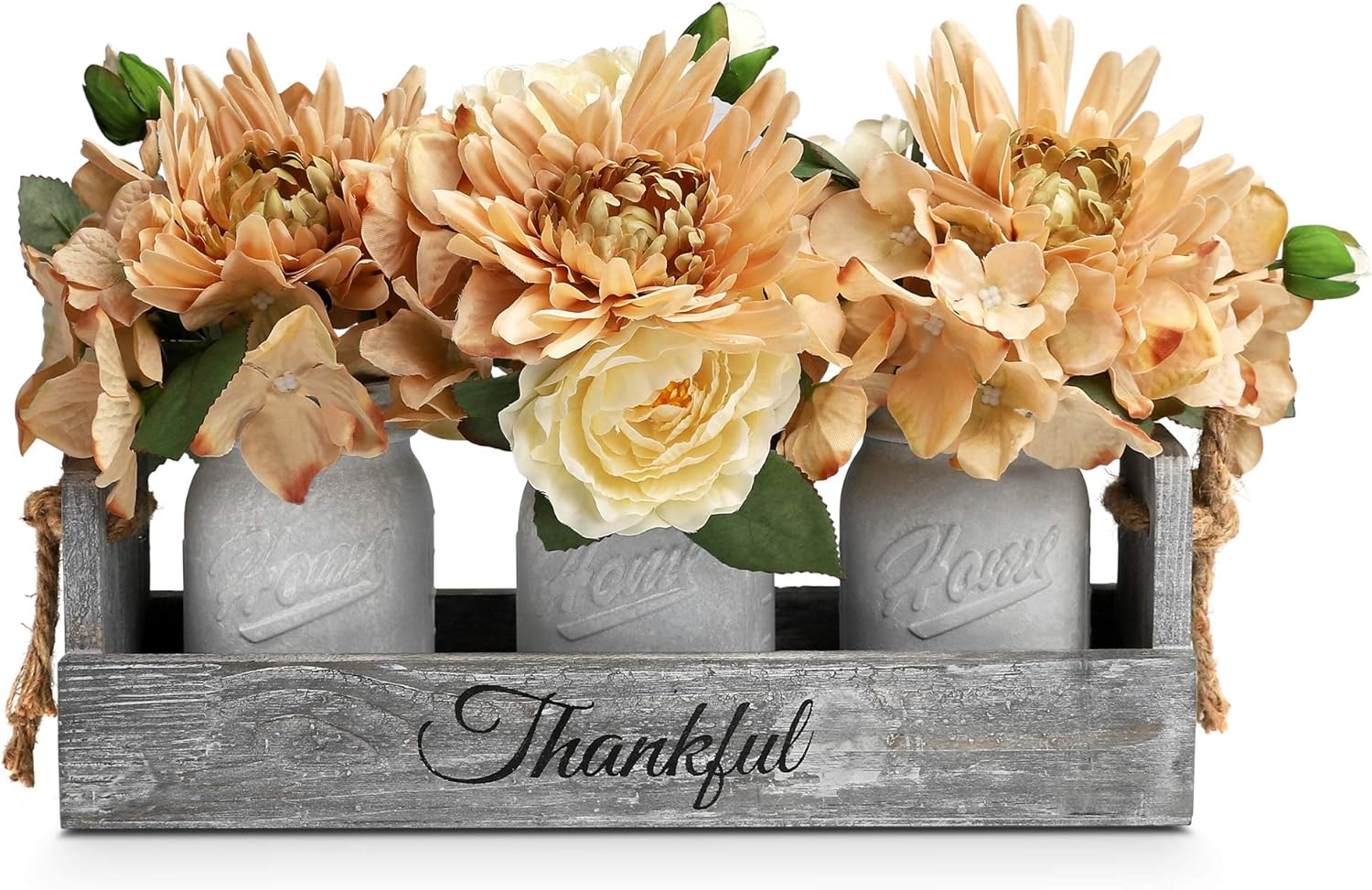 Amazon Com Homko Mason Jar Centerpiece Set With Artificial Flower Kitchen Table Decor Centerpiece In Farmhouse Rustic Style For Flatware Organizer Flower Arrangement Garden Wedding White Large Kitchen Dining