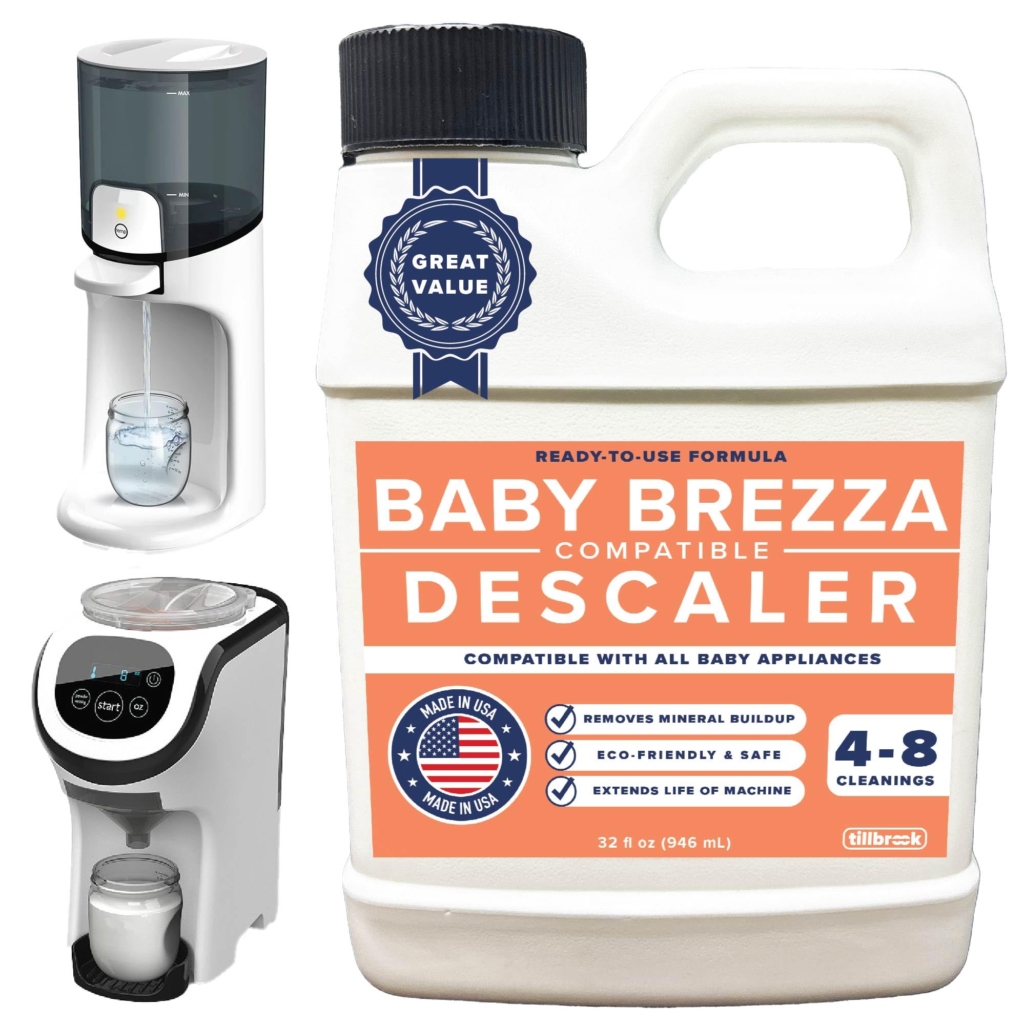 Photo 1 of Tillbrook Descaler Compatible with Baby Brezza - 4 to 8 Uses - Descaler for Baby Bottle Dispensers & Washers - 32 oz Universal Cleaning Solution - Safe, All-Natural, Removes Mineral Buildup & Residue