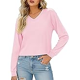 YUCOLEN Long Sleeve Crop Tops for Women Cotton V Neck T Shirts Loose Fit Cropped Basic Tees Soft Casual Fall Outfits