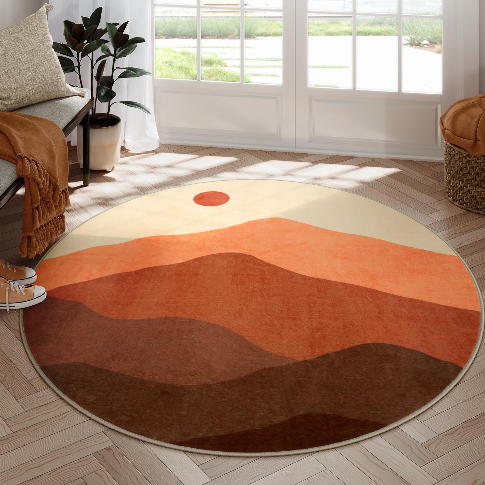 Photo 1 of Sungea Round Rugs 6ft, Abstract Circle Area Rug Non-Skid Washable Round Living Room Rug, Large Classroom Rug Mountain Print Accent Carpet for Bedroom Nursery Dining Room(Brunt Orange)