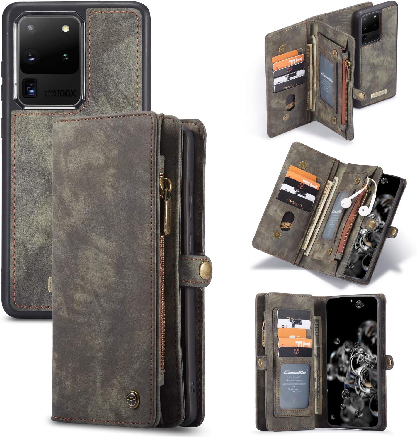 ANROD Detachable Leather Wallet Case for Samsung Galaxy S20 Ultra,CaseMe Magnetic Closure 2-in-1 Flip TPU Shockproof Zipper Purse Back Cover with Card Slots (Black) - Image 3