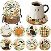 8 Pcs Halloween Diamond Art Painting Coasters Kit swith Holder DIY Pumpkin Kitten Art Painting Coasters Halloween Diamond Art Coaster for Home Decor Arts Craft