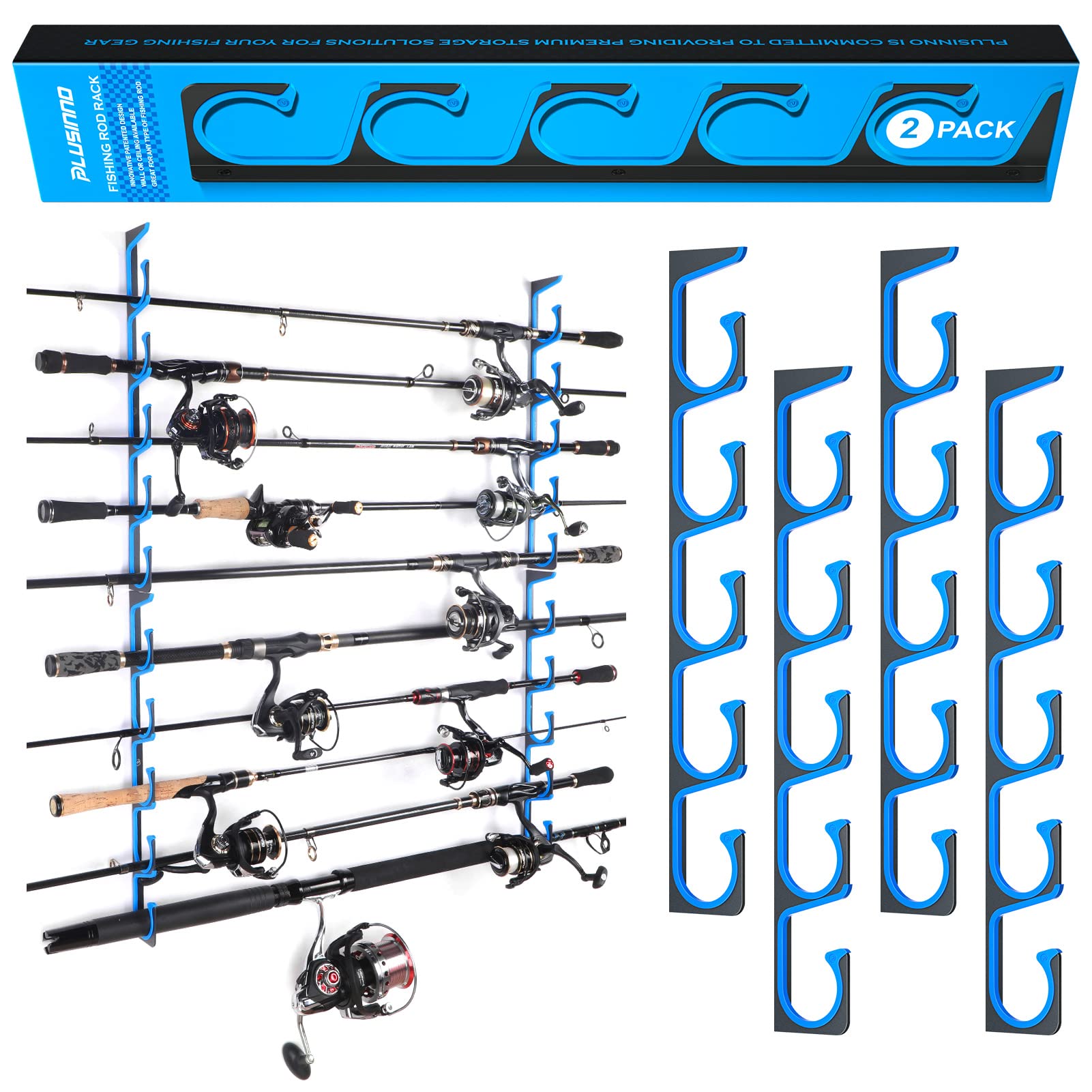 Photo 1 of PLUSINNO H5 Horizontal Fishing Rod/Pole Holders for Garage, Wall or Ceiling Mounted Fishing Rod Rack, Aviation Aluminum Fishing Pole Holder Holds up to 10 Rod or Combos or Nets Storage Racks