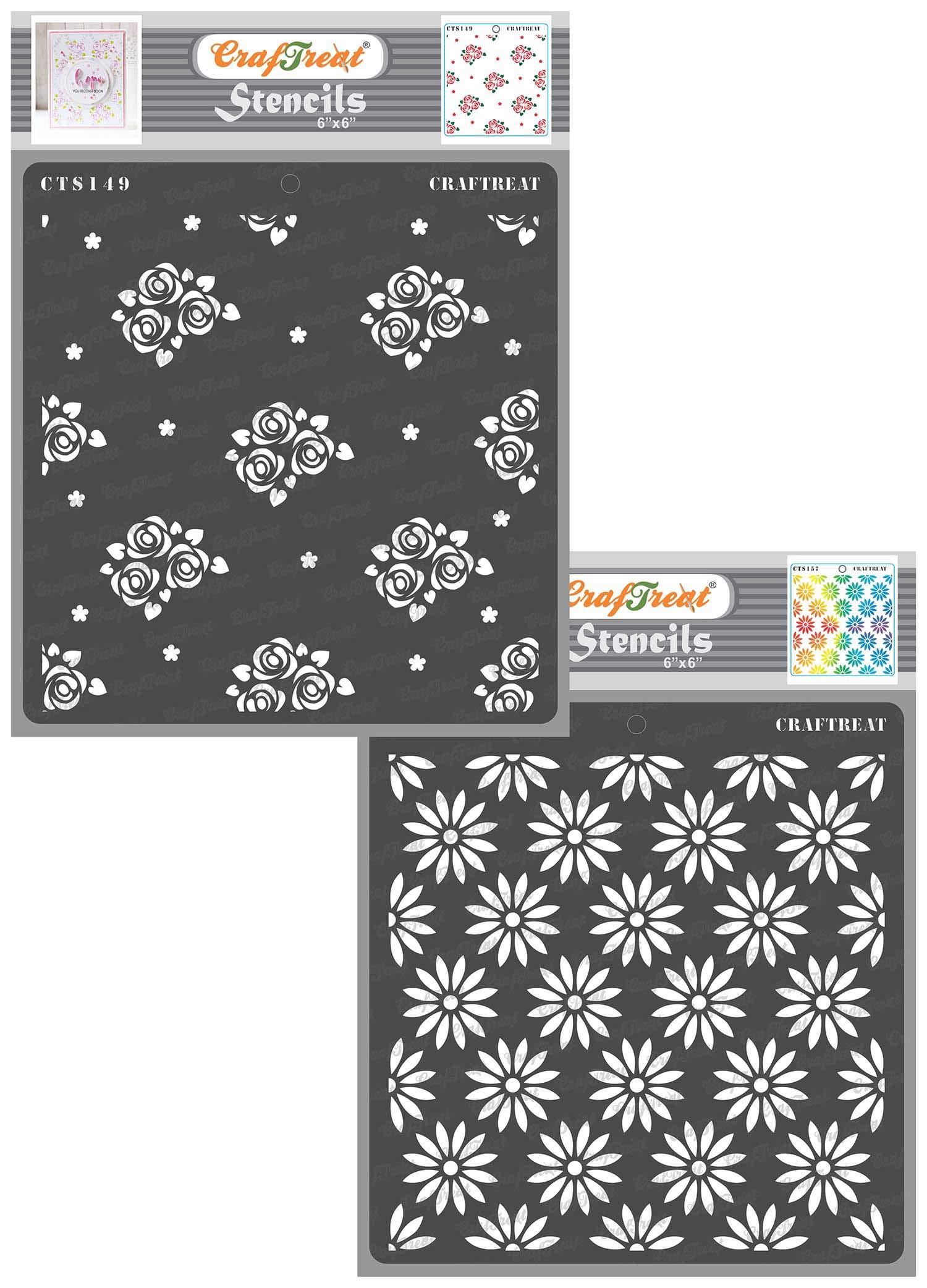 CrafTreat Reusable Floral Pattern Stencils for Furniture Painting - Rose and Daisy Background (2Pcs) -Size: 6X6 Inches - Flower Stencils for Crafts - Flower Background Stencil for Painting