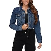PEIQI Women’s Cropped Jean Denim Jacket Button Down Long Sleeve with Pockets