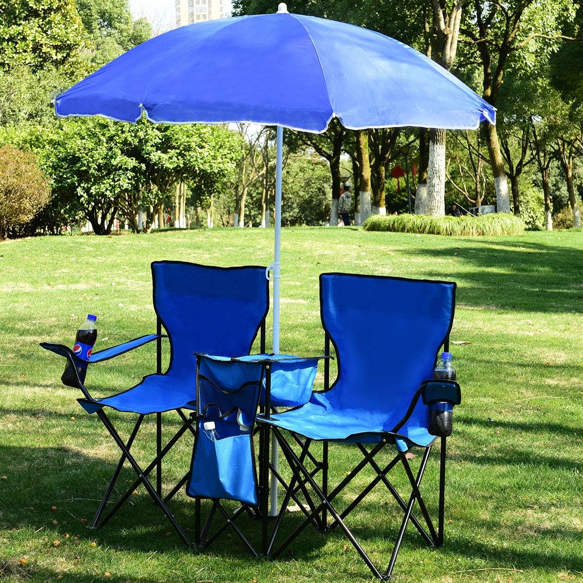 Amazon Com Costway Portable Folding Picnic Double Chair W Umbrella Table Cooler Beach Camping Chair Blue Sports Outdoors
