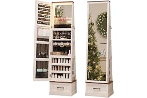 FONTOI Jewelry Mirror Cabinet, 61” Jewelry Organizer with 3 Color LED Light, Standing Jewelry Armoire with Hidden Wheels, 3-layer Storage Shelves with Full-Length Mirror, White
