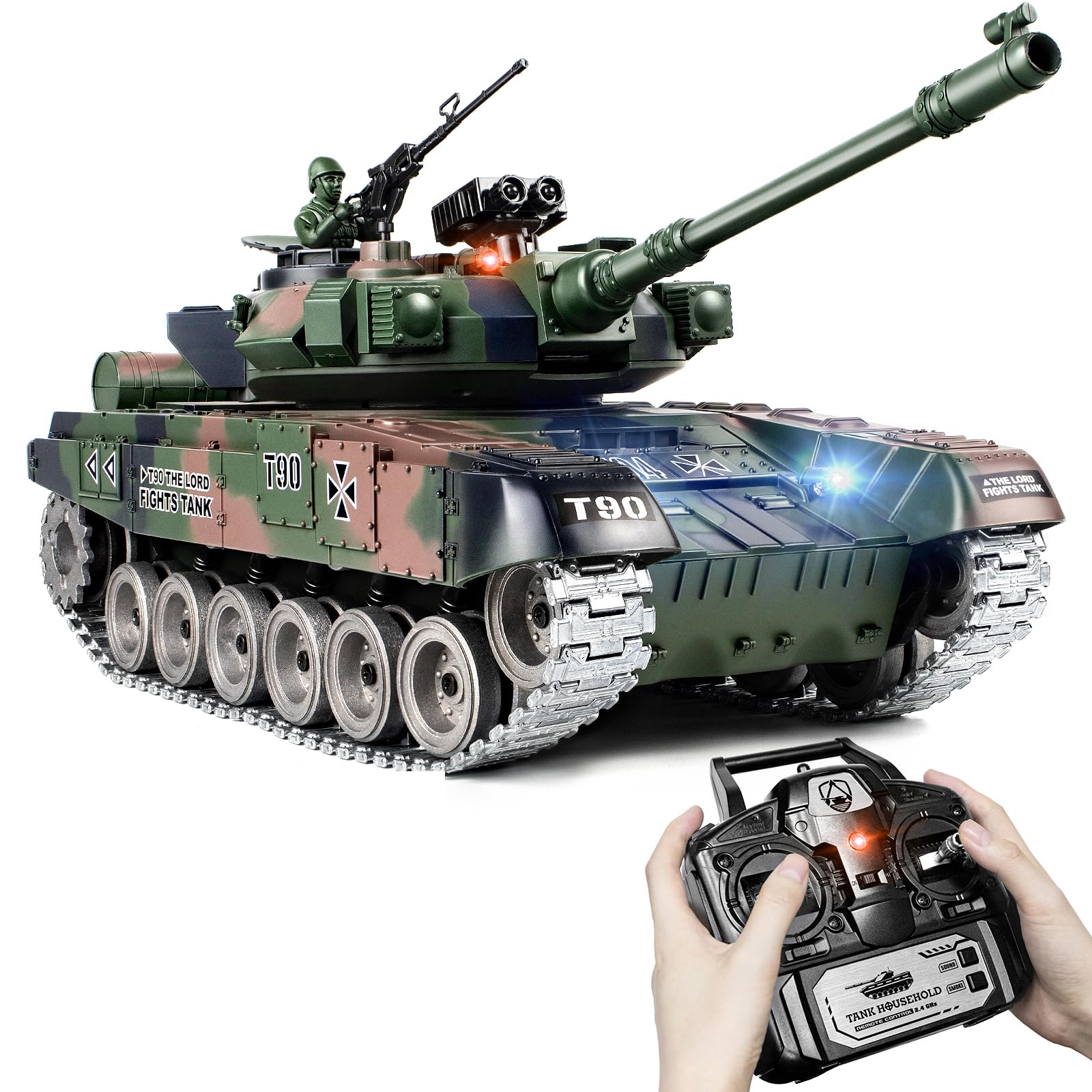 Supdex RC Tank, 1:18 RUS T-90 Alloy Metal Remote Control Model Army Toys, 2.4Ghz Military Tank with Smoke, Sound and Lights, RC Vehicle That Shoots BBS and Water Bombs for Adults and Kids