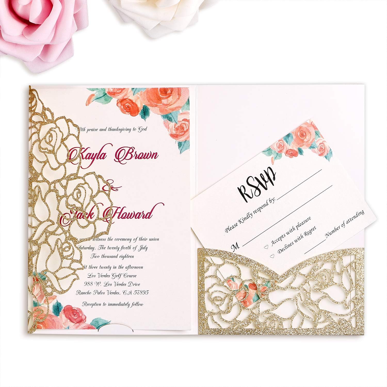FEIYI 20 PCS 3 Folds Laser Cut Rose Shape Wedding Invitations Cards for Wedding Bridal Shower Engagement Birthday Graduation Invitation Cards (Gold Glitter)
