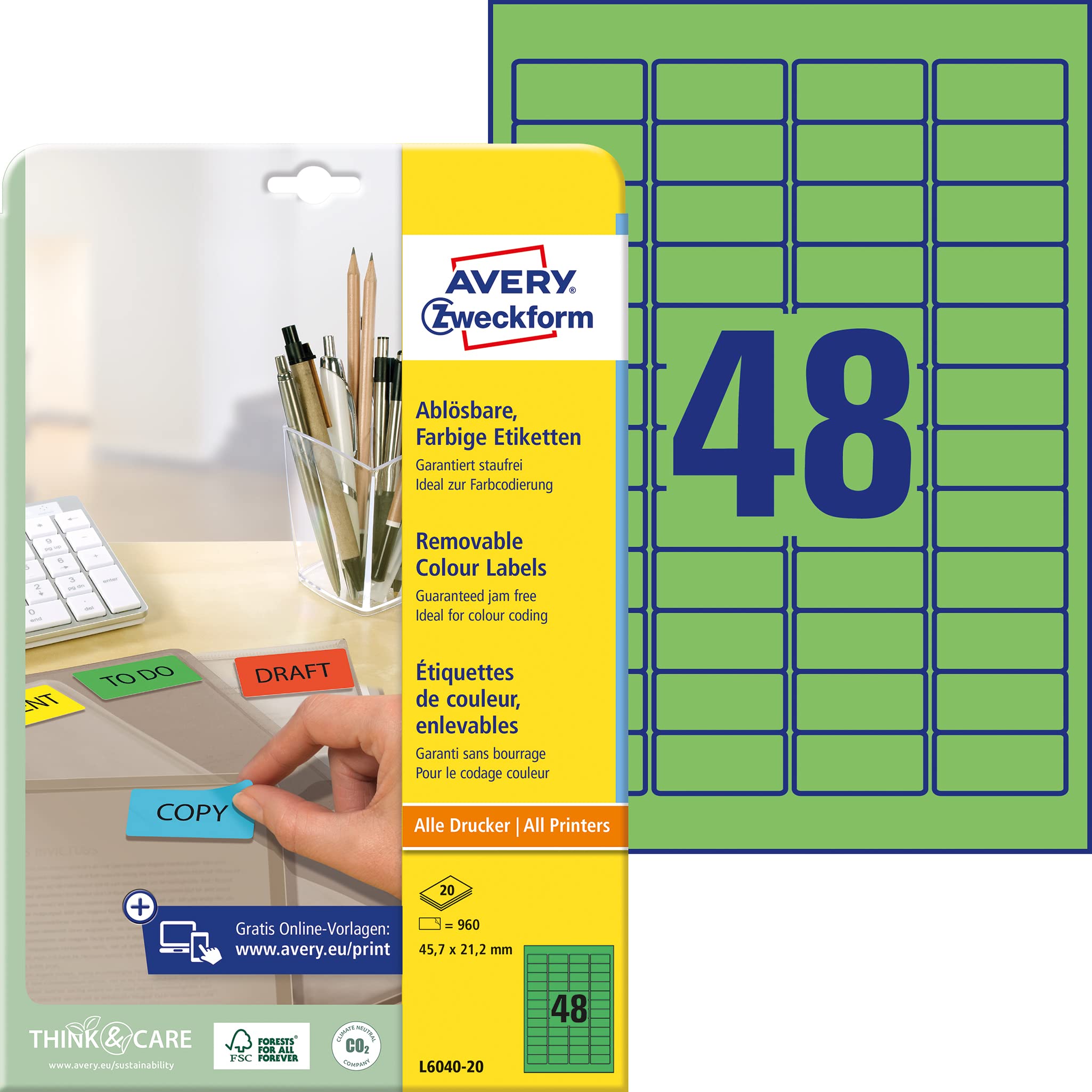 Avery L6040-20 Removable Mini Labels (45.7 x 21.2 mm Labels, 48 per A4 Sheet, 20 Sheets) for all printers - Green โ image 1