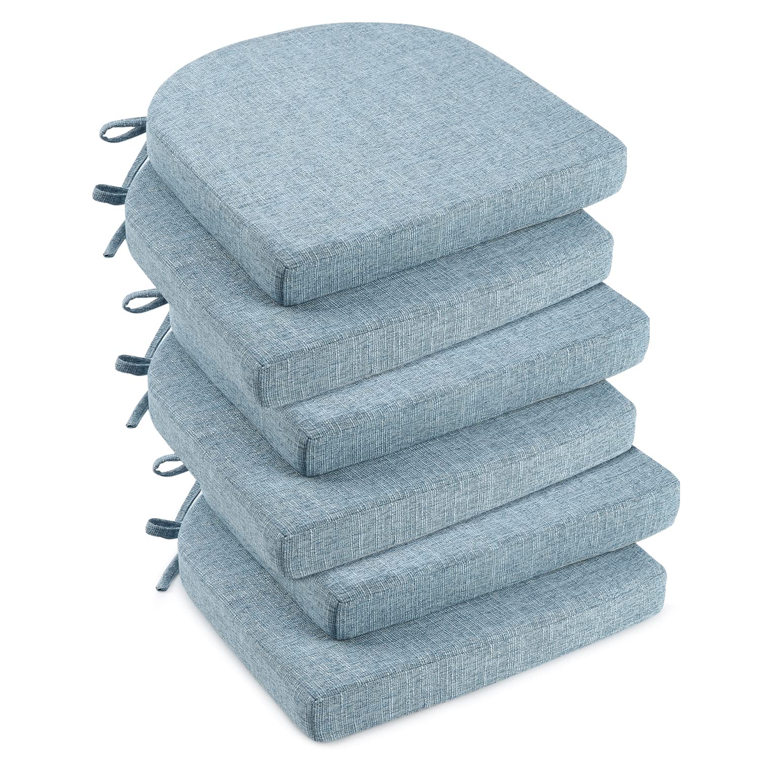 downluxe Indoor Chair Cushions for Dining Chairs, Soft and Comfortable Textured Foam Kitchen Chair Pads with Ties and Non-Slip Backing, 16" x 16" x 2", Light Blue, 6 Pack Image