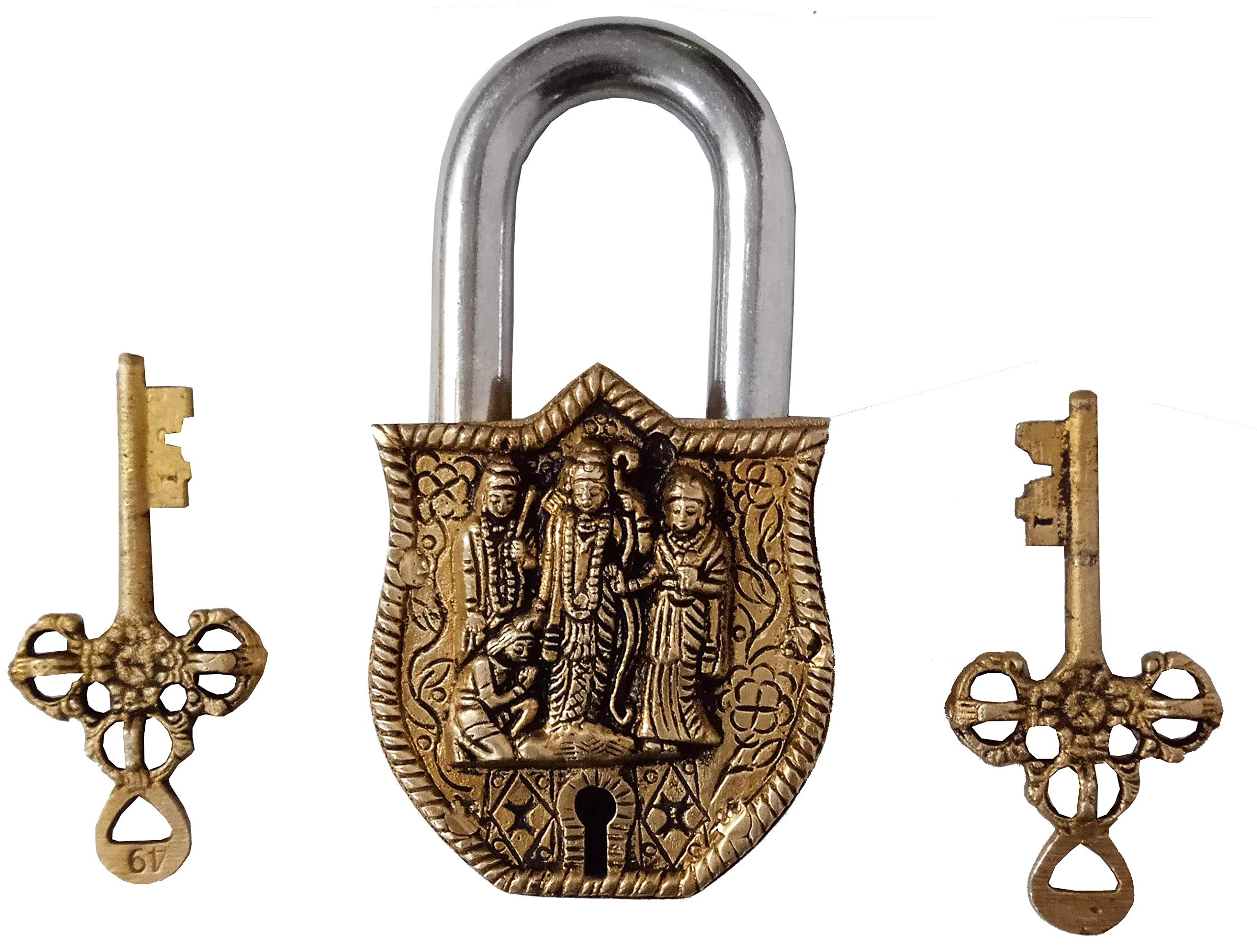 Purpledip Brass Padlock: Ram Darbar with Rama, Sita, Lakshman. & Hanuman (12263)
