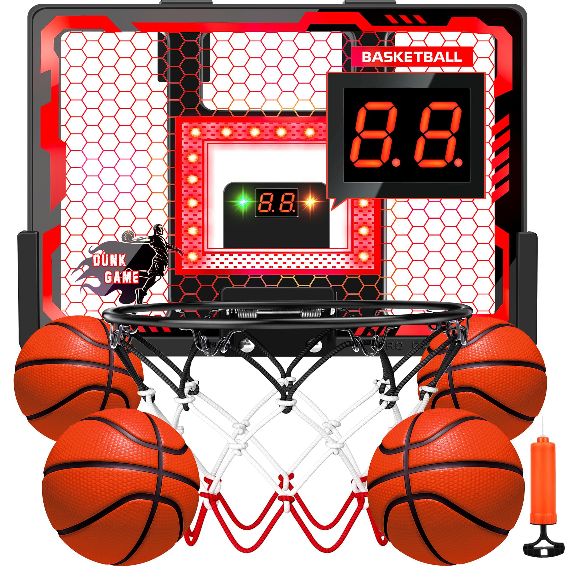 Photo 1 of Indoor Basketball Hoop Pro for Kids, Over The Door Basketball Hoop with LED Light/Scoreboard/4 Balls- Upgraded Anti-Impact Backboard, Basketball Toys Gifts for 6 7 8 9 10 11 12 Year Old Boys (Red)