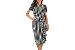 CISMARK Women's Vintage Short Sleeve Polka Dot Falbala Fold Slim Fit Pencil Dress