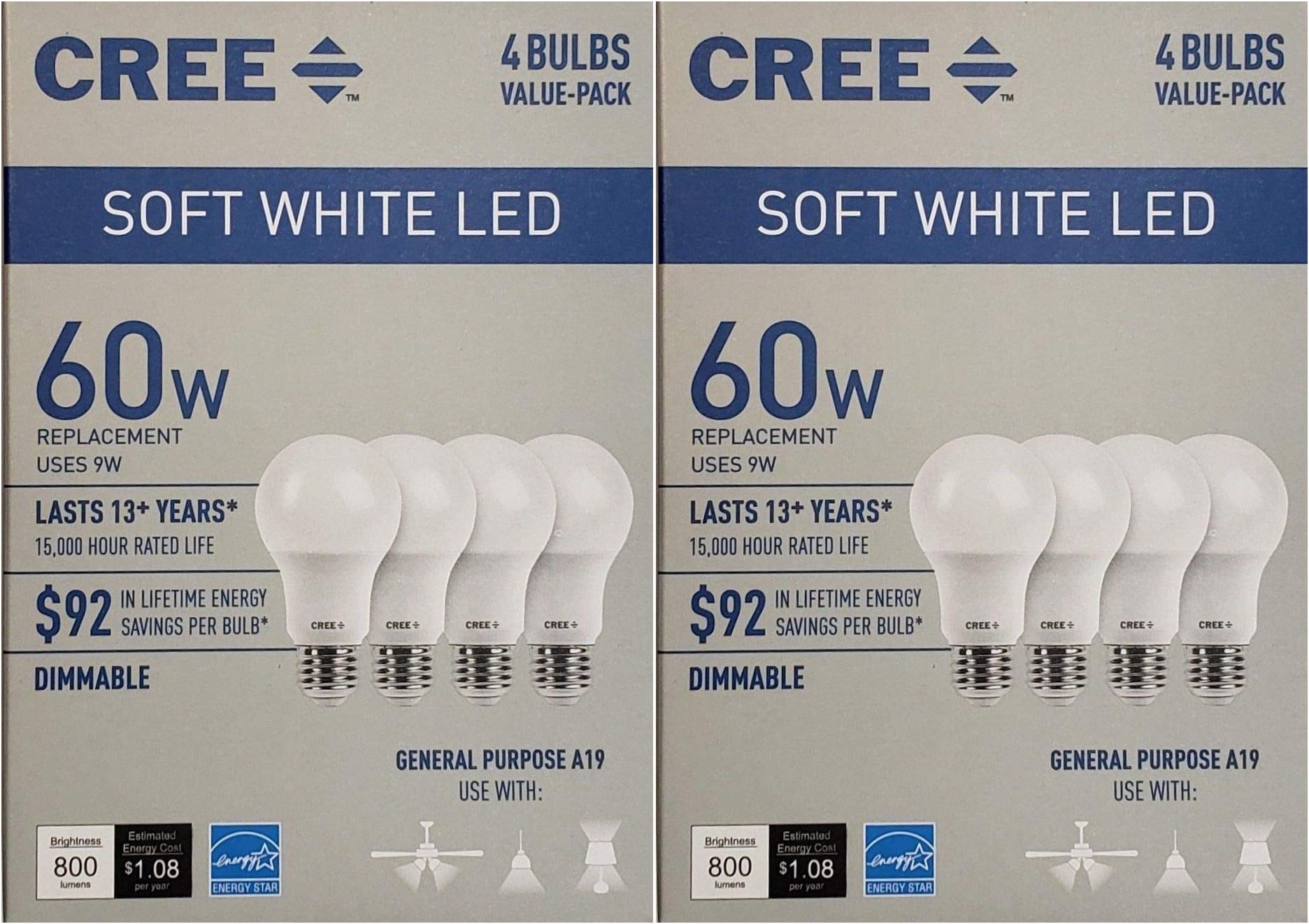 Cree 60 Watt Equivalent, Soft White, Dimmable, A19 LED Light Bulb (8 Pack)