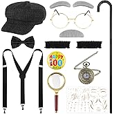 AOTHSO 12 Pcs Boy Old Man Costume 100 Days of School Outfit 1920s Kid Grandpa Outfit with Newsboy Cap Suspender Magnify Glass