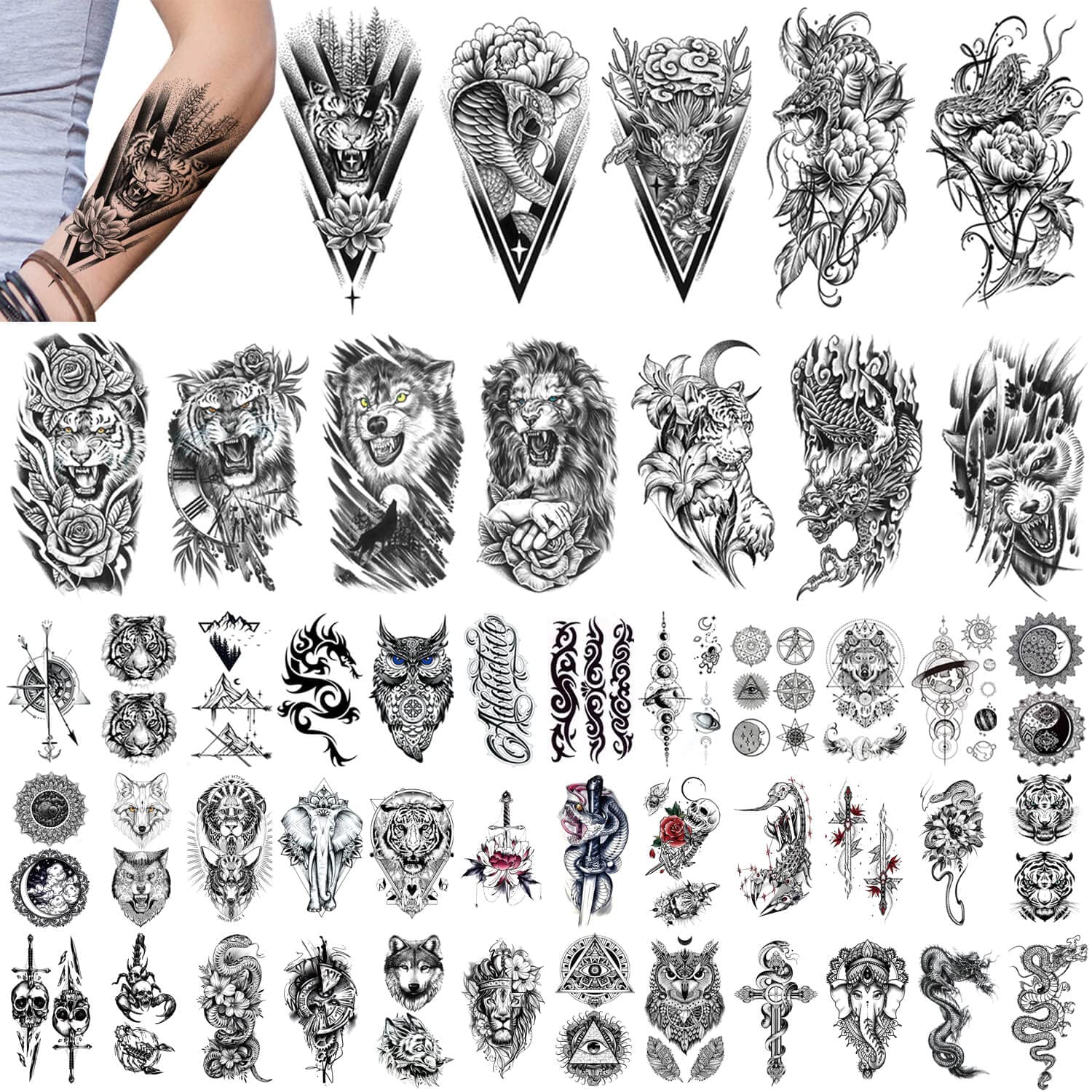GLARYYEARS Temporary Tattoo for Men, 48-Pack Large & Small size Realistic Fierce Animal Tattoos, Variety Pack Fake Tattoo Stickers for Adults Men, Long-lasting Cool Snake Tiger Wolf Body Tattoos — image 1