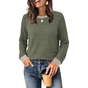WIHOLL Womens Tops Long Sleeve Shirts Fall Clothing Winter Outfits 2026 | Crewneck Cozy and Warm Color Block Sweaters for Tea