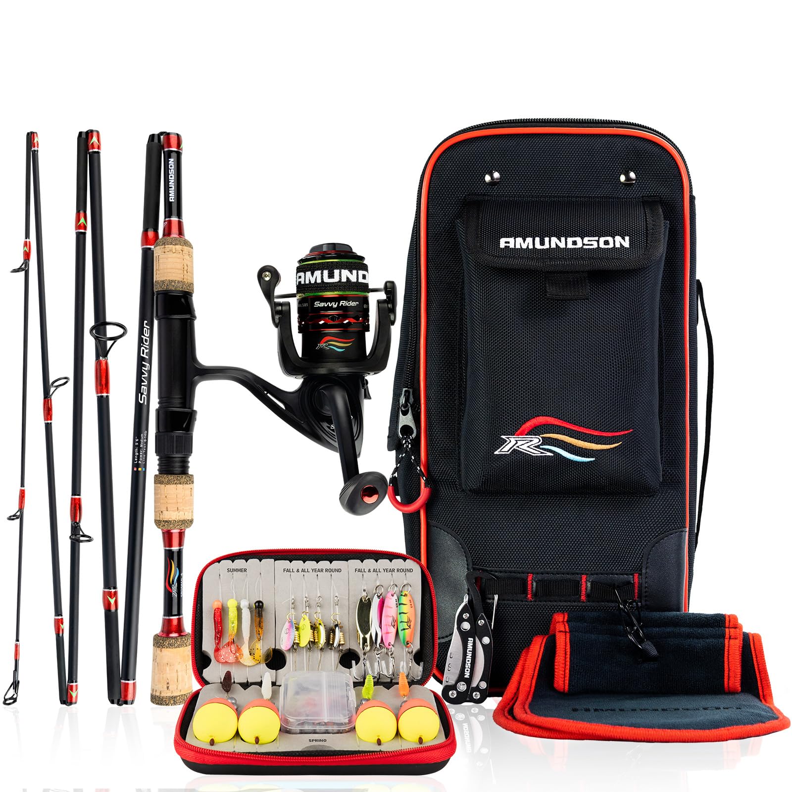 Amundson Savvy Rider fishing rod & reel-IM6 graphite carbon rod-set for camping, hiking & kayaking-fresh & salt water/all seasons-beginners & anglers
