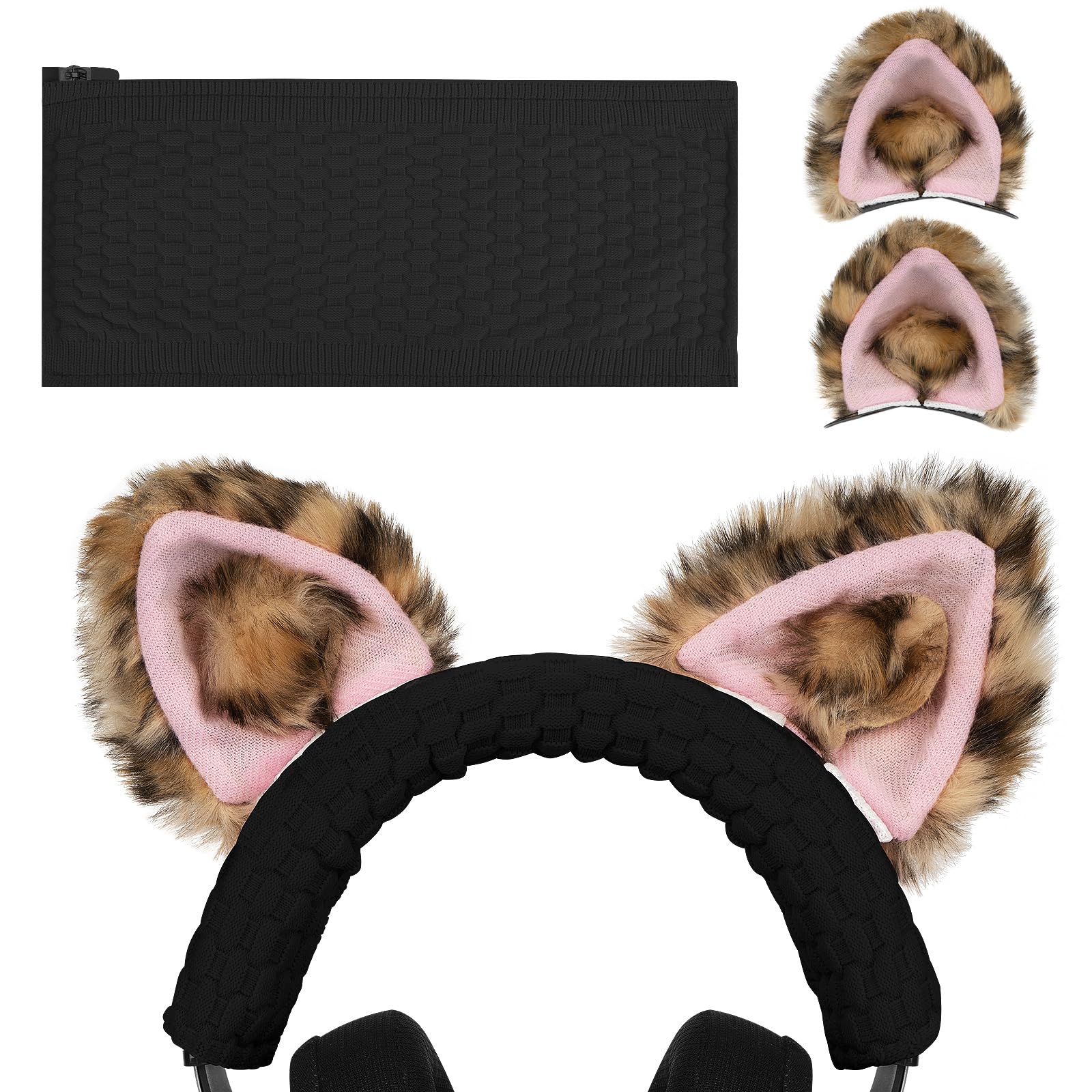 Geekria NOVA Knit Fabric Headband Cover and Cat Ears Attachment Set Compatible with Razer Kraken 7.1 v2, Sony MDR1ABT, MDR1AM2 Headphones(Leopard Print Pink)