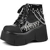 Yremael Women's Black Platform Boots Wedge Goth Round Toe Lace Up Chain Mesh Punk Combat Ankle Booties