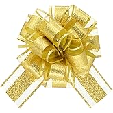 KLOVYRA Gold Glitter Gift Bows– 6 Inch 6 Pack Instant Pull Bows for Present Wrap, Christmas, Wedding, Anniversary, Birthdays, Gift Bag, Basket Bow Decorations