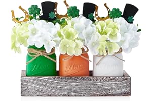 KIVIVO St Patricks Day Table Decor, Centerpieces for Tables, Mason Jar Table Centerpiece Decorations with Farmhouse Wood Tray, Artificial Flowers, Shamrock, Toothpicks, St. Patrick's Day Decorations Indoor