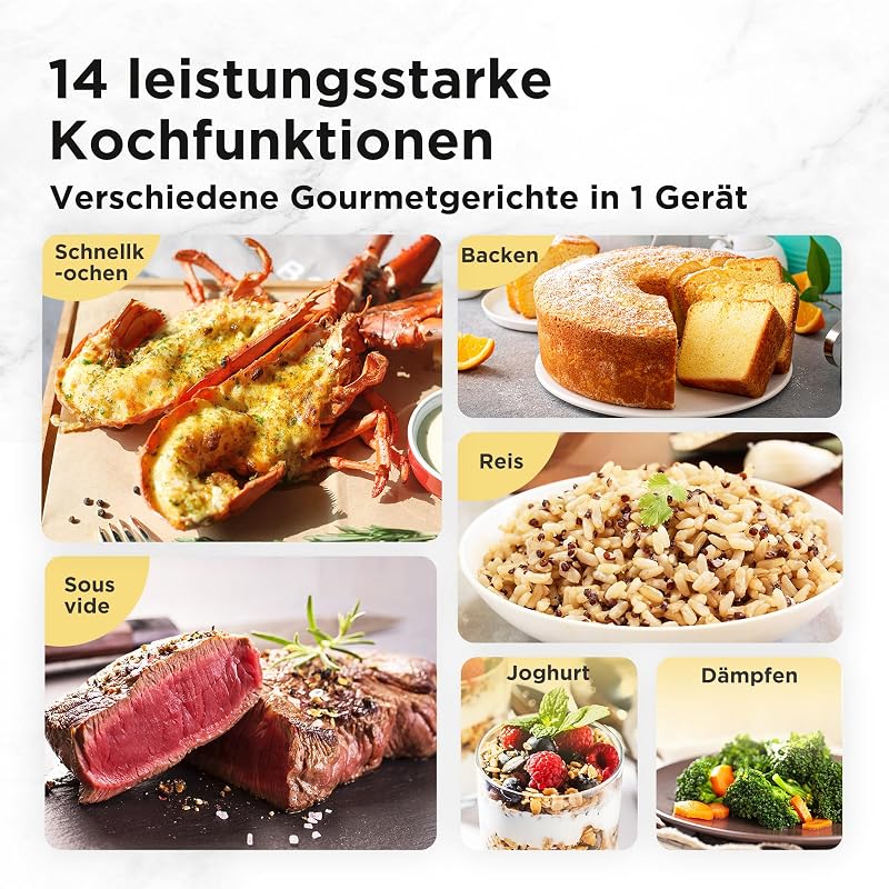 Elektrischer Schnellkochtopf 6L, 9-in-1 Multikocher mit 14 Funktionen, Joghurtbereiter, Reiskocher, Slow Cooker, Sous Vide, Dampfgarer, Nudelkocher, Edelstahl Innentopf, Schwarz