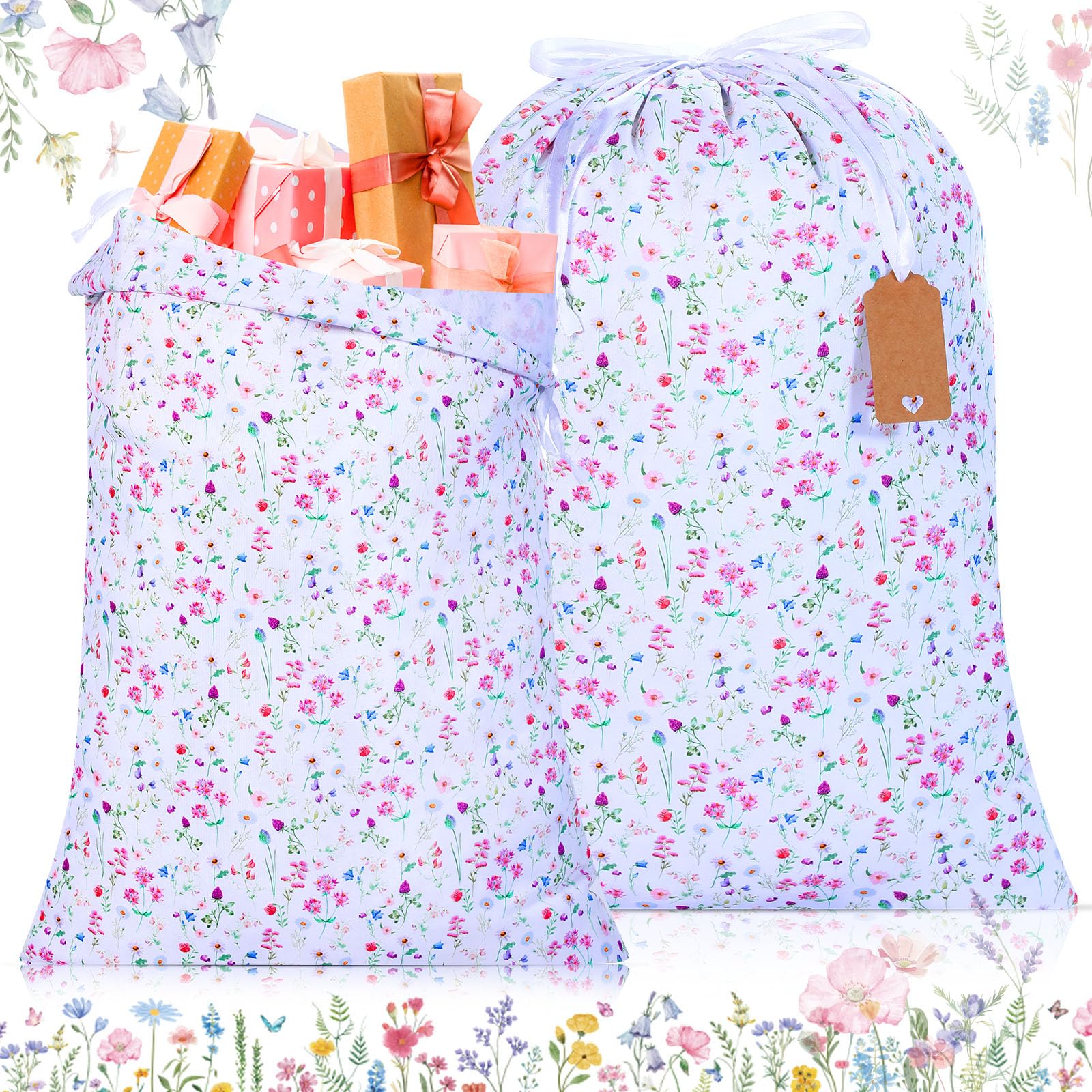 Photo 1 of Capoda 2 Pcs Extra Large Baby Shower Drawstring Bags 20 x 28 Inch Wildflower Wrapping Bags Reusable Fabric Flower Gift Pouches for Birthday Baby Shower Gender Reveal Gift Wrapping Supplies Decoration