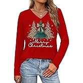 Christmas Shirts for Women Merry and Bright Christmas Shirt Christmas Tree Graphic V Neck Long Sleeve Tops