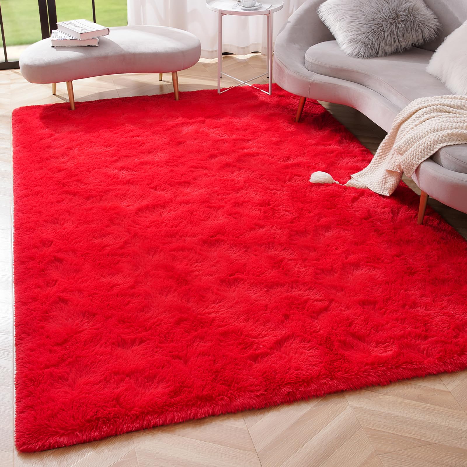 Photo 1 of Amearea Premium Soft Area Rug 4x5.3 Feet, Modern Fluffy Rugs for Living Room, Shag Carpet for Bedroom Nursery Playroom Teen Home Decor, Comfortable Indoor Furry Dorm Carpets, Red