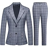 Womens 2 Piece Plaid Suits Set Business Office One Button Blazer Jacket Casual Long Sleeve Pant Suit Set