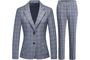 MODFUL Womens 2 Piece Plaid Suits Set Business Office One Button Blazer Jacket Casual Long Sleeve Pant Suit Set