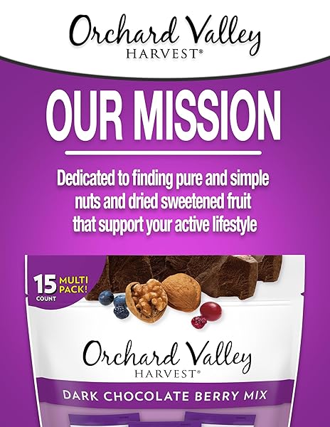 ORCHARD VALLEY HARVEST DARK CHOCOLATE BERRY MIX, 1OZ SNACK PACKS 15 COUNT – WALNUTS, SWEETENED CRANBERRIES, DARK CHOCOLATE CHERRIES, BLUEBERRIES, GLUTEN-FREE, 2G FIBER, CHOCOLATE COVERED BERRIES