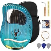 Lyre Harp 16 Strings: Solid Mahogany Wooden Body Metal Strings Musical Instrument - Accessory with Tuning Wrench and Durable Gig Bag