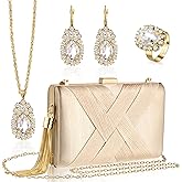 Quelay 4 Pcs Women Satin Clutch Purse Handbag Evening Bag for Wedding Banquet Vintage Rhinestone Necklace Earring Jewelry Set