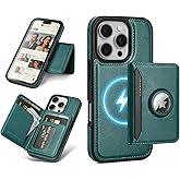 Antsturdy Compatible with MagSafe 2 in 1 Detachable Magnetic iPhone 16 Pro Case Wallet with AirTag Holder,Men Women PU Leather RFID Blocking Credit Card Holder Slots Flip Cover Kickstand,Blue Green